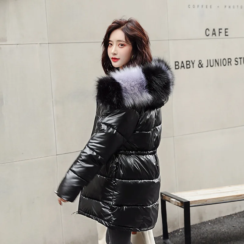black bubble jacket FORERUN, зимнее длинное пальто для женщин, Большая Меховая куртка с капюшоном, глянцевые Серебристые куртки-пузырь, однотонные парки с хлопковой подкладкой, Manteau Femme Hiver - Цвет: black bubble jacket