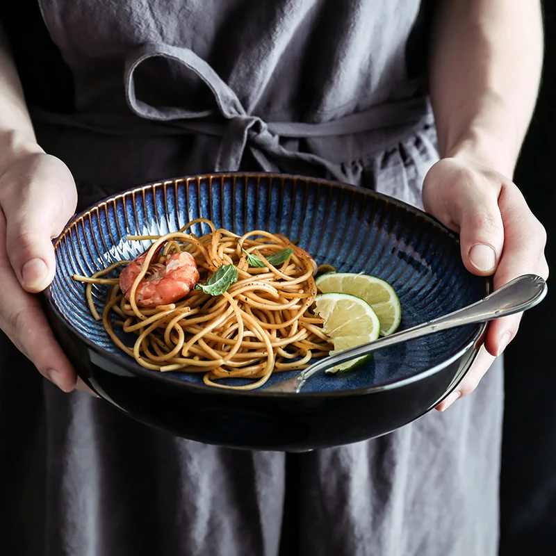 ANTOWALL Creative Nordic ceramic plate blue stripe flat plate household ceramic western pasta steak