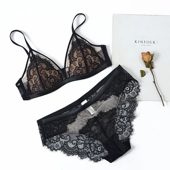 

Sexy Eyelash Lace Triangle Bra Set Mesh Patchwork Lightly Lined Wireless Small Breasts Bra Panty Set Underwear Women Lingerie