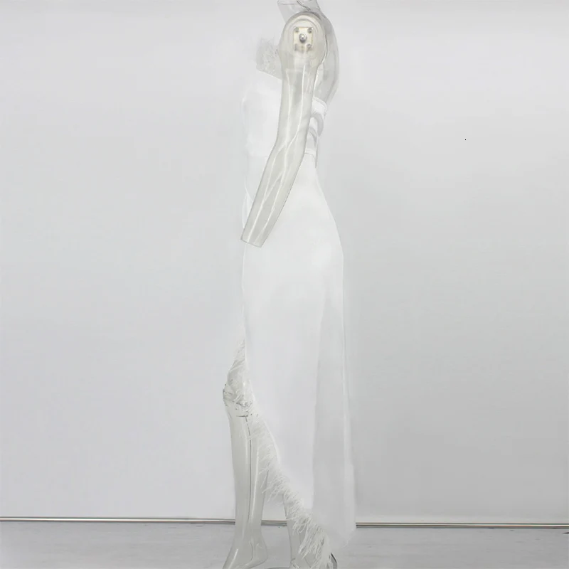 Yissang, Осеннее длинное платье с перьями, белое, с открытыми плечами, без рукавов, с высоким разрезом, с кисточками, вечерние, для клуба, женское, элегантное платье