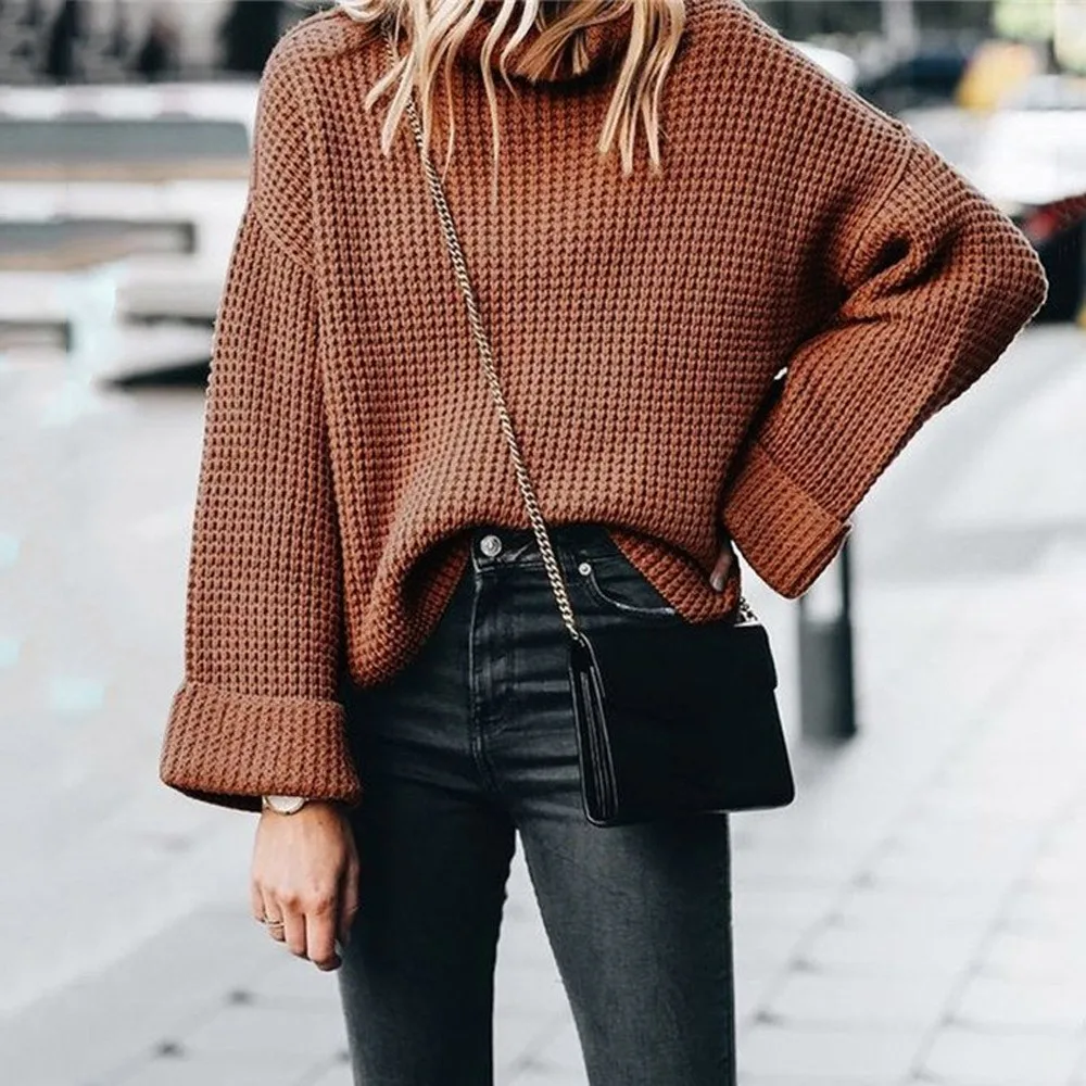 

Women Long Sleeve Pullover Sweater Casual Loose Warm Autumn Winter Turtleneck Sweater Oversize Solid Knitted Sweaters Pull Femme