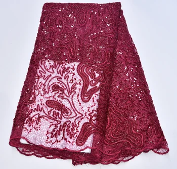 

Red wine African Sequins Lace Fabric 2020 High Quality Embroidery Nigerian Lace Fabric For Women French Mesh Lace Fabric