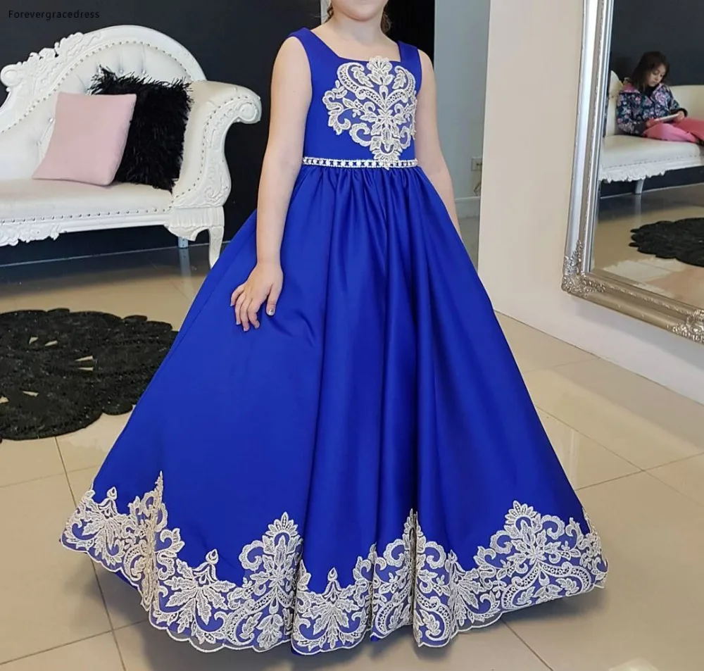 Royal Blue Flower Girl Dresses 2018 Bow Sash Back Appliques Princess A Line Kids Toddler Formal Wear Gowns Girls Pageant Birthday Dress  88 (1)