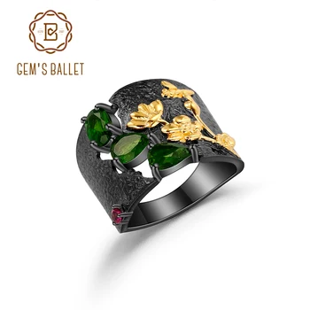 

GEM'S BALLET 925 Sterling Silver Handmade Humming Bee Flower Floral Garden Band Ring Natural Chrome Diopside Rings For Women