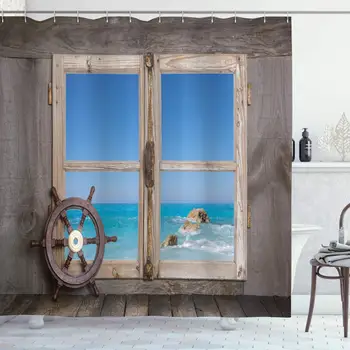 

House Decor Collection, View Through Wooden Window with Seascape Ocean Holiday Steering Wheel Maritime Image, Polyester Fabric