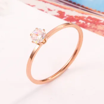 

New Style Hot Simple Extra Fine Six-Claw Single Zircon Ring Set with Zircon Rose Gold Titanium Steel Ring Ornament