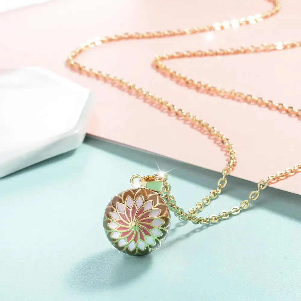 Pink Orange Harmony ball Necklace Pregnancy Bola Ball Pendant with Good Luck Flower for Pregnant Woman Shower Gift New Mom