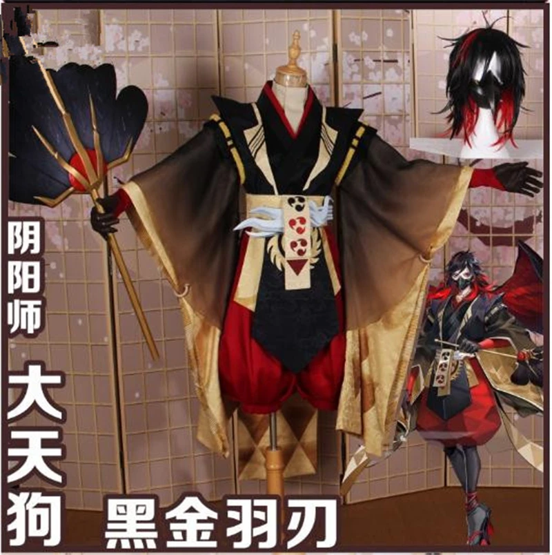 

Anime Onmyoji Taitengu Black Gold Feather Blade Kimono Cosplay Costume Women/Men Halloween Uniform H