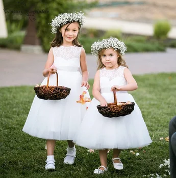 

Princess Short Flower Girl Dresses Tea-Length Lace Sashes First Communion Gowns Birthday Party Dresses Pageant Gowns