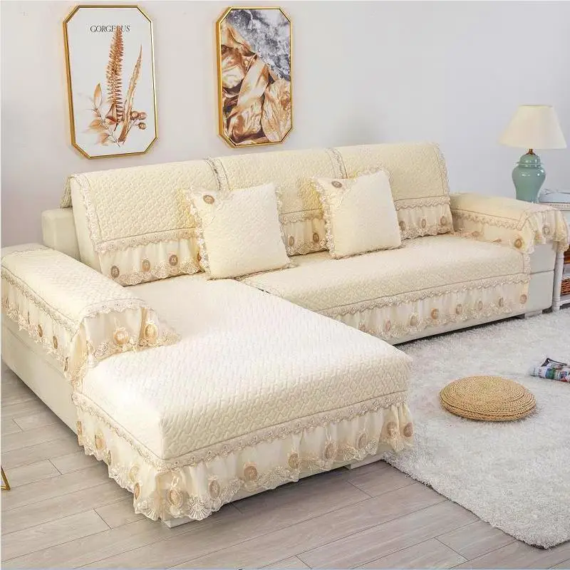 Beige Плюшевые Чехлы для диванов для гостиной, сплошные секционные Чехлы, Кружевной декор, угловой чехол для дивана, мебель для дома, защитный чехол для дивана - Цвет: Beige
