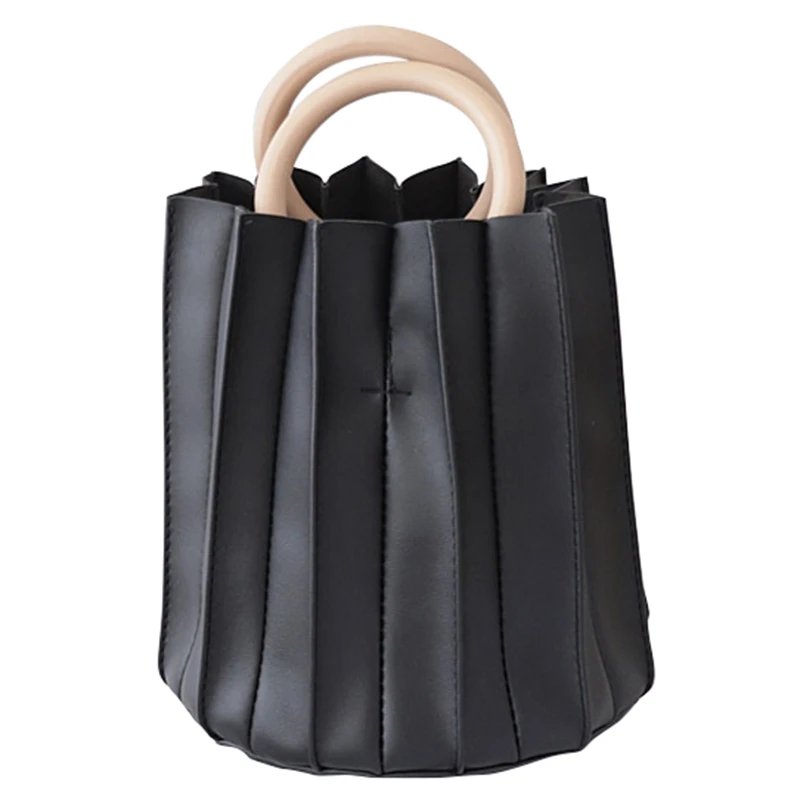 

Vintage Three-Dimensional Pleated Bucket Bag Wooden Ring Top Handle Women Handbag Designer Crossbody Bags Evening Clutch Purse