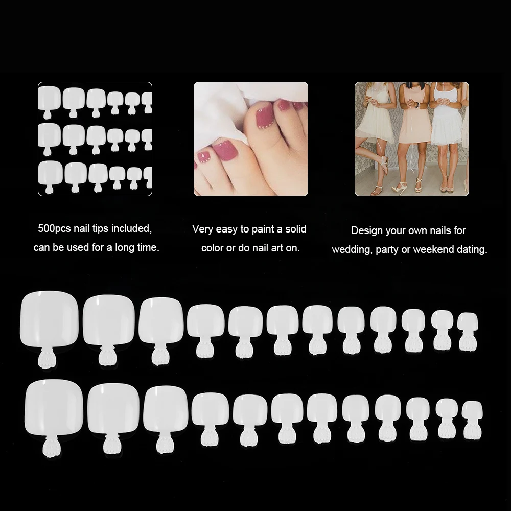 

500Pcs fake nails Fake Toenail Tips Set Full Cover False Toe Nail Tips for DIY Nail Art & Manicure Salons 12 Sizes Nail Art