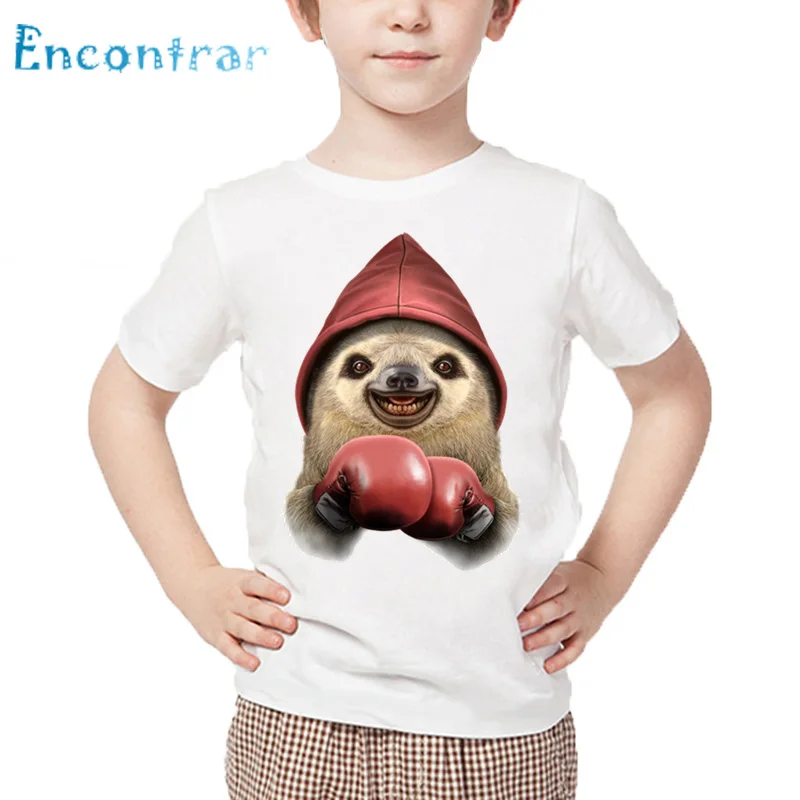 

Kids Cute Sloth Drive Car And Boxing Print T shirt Baby Summer White Tops Boys and Girls Casual Funny T-shirt