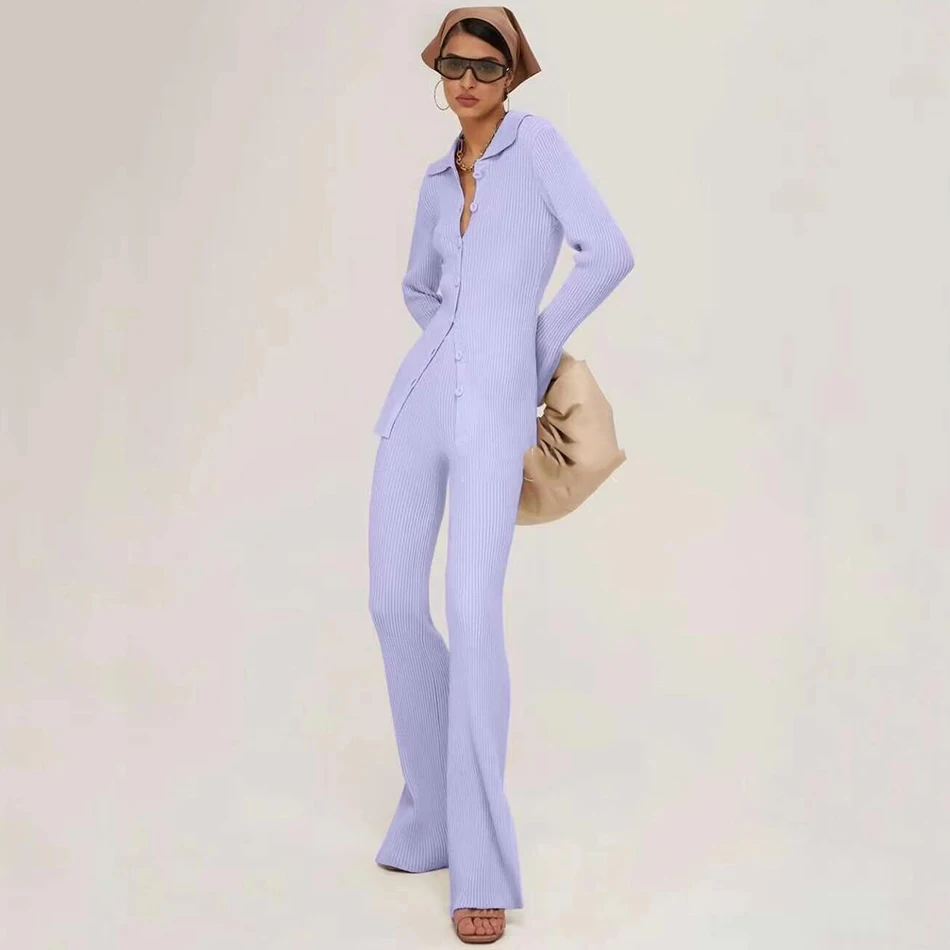 High Quality Fashion Women'S Knitted Slim 2 Two-Piece Set 2021 Spring Sexy V Long-Sleeved Button Top + Pants Casual Suit skirt suit set
