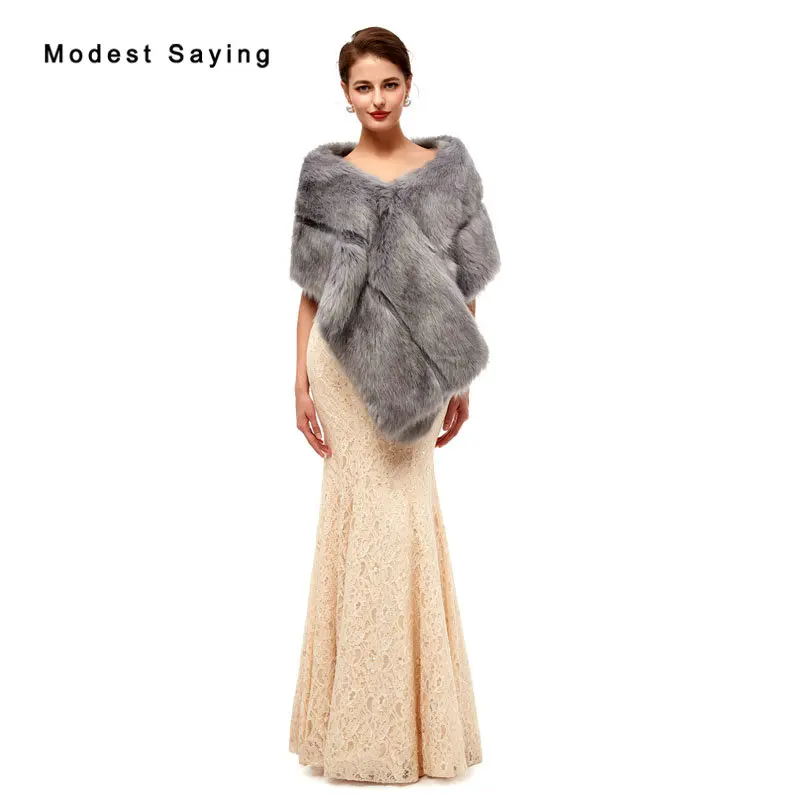 Elegant Grey Evening Party Faux Fur Shawls New Arrival Formal Women Boleros Stoles Prom Warm Wraps Wedding Accessories