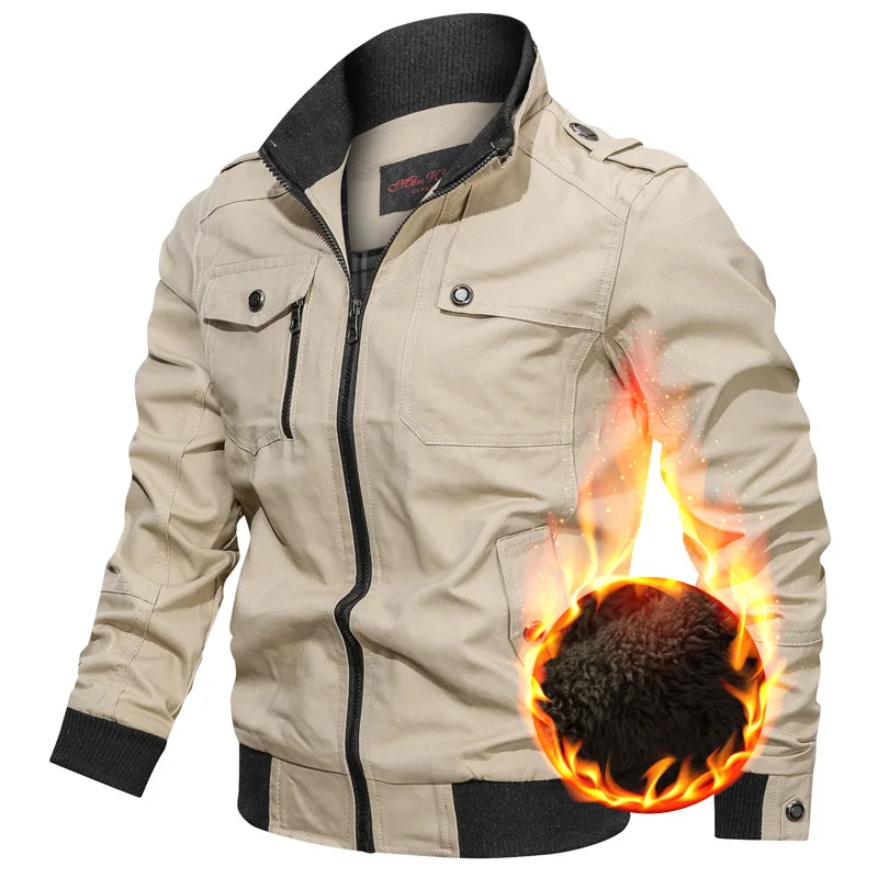 

Winter Brushed And Thick Korean-style Solid Color Jacket Plus-sized Menswear Stand Collar Multi-pockets Coat