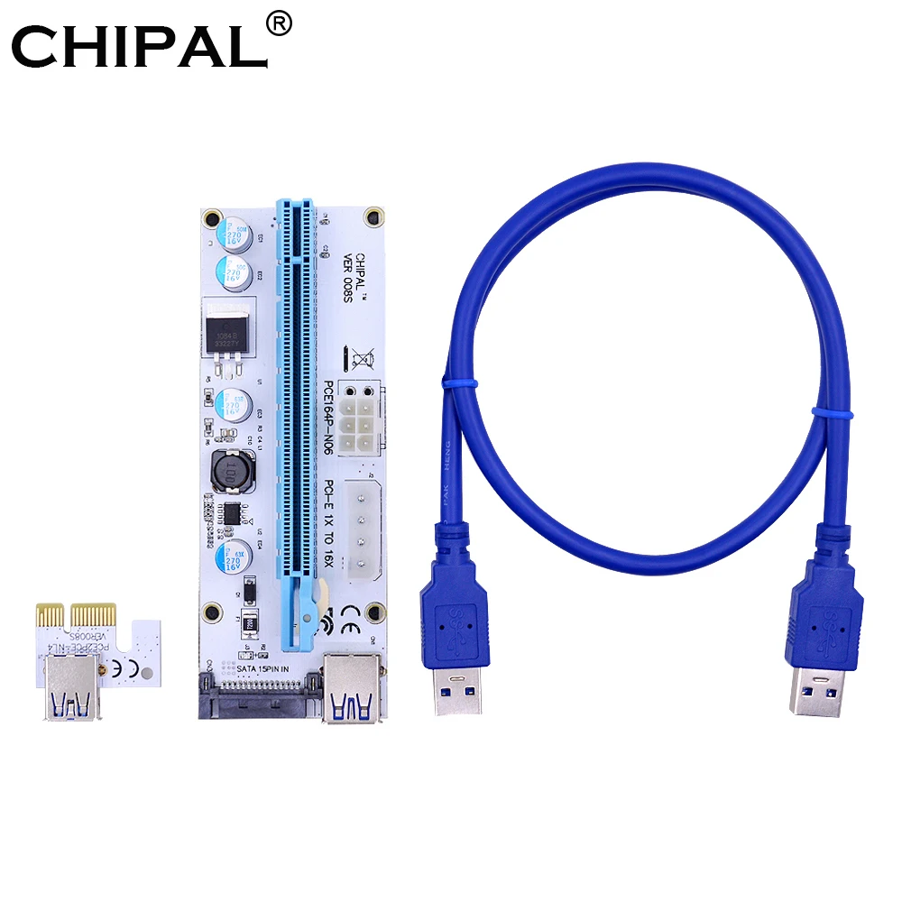CHIPAL 10 шт. синий VER008S 30 см 60 1 м PCI-E 1X до 16X Райзер-карта 008 PCIE с 4pin 6pin SATA Power для