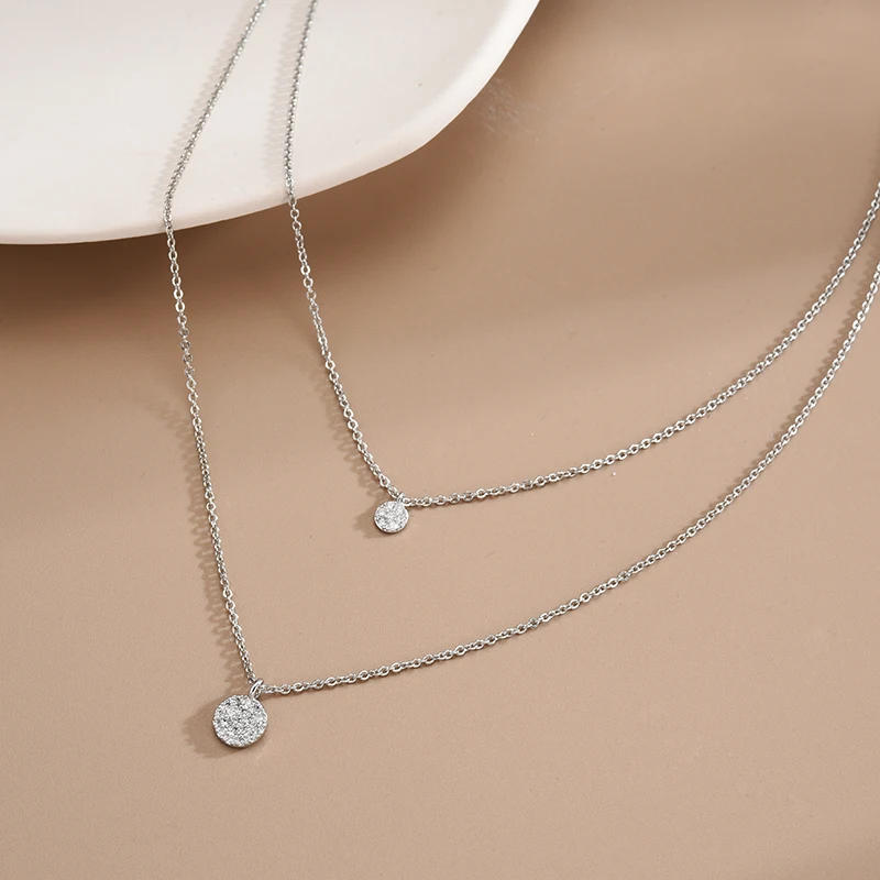 925 Sterling Silver Double Layer Necklace Full Zircon Round Pendants for Women