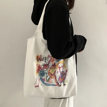 

Canvas Shopper Bag Large Eco Cotton Cloth Cartoon Graffiti Summer Beach Tote Bag Fashion Women's Students Girls Shoulder Bag