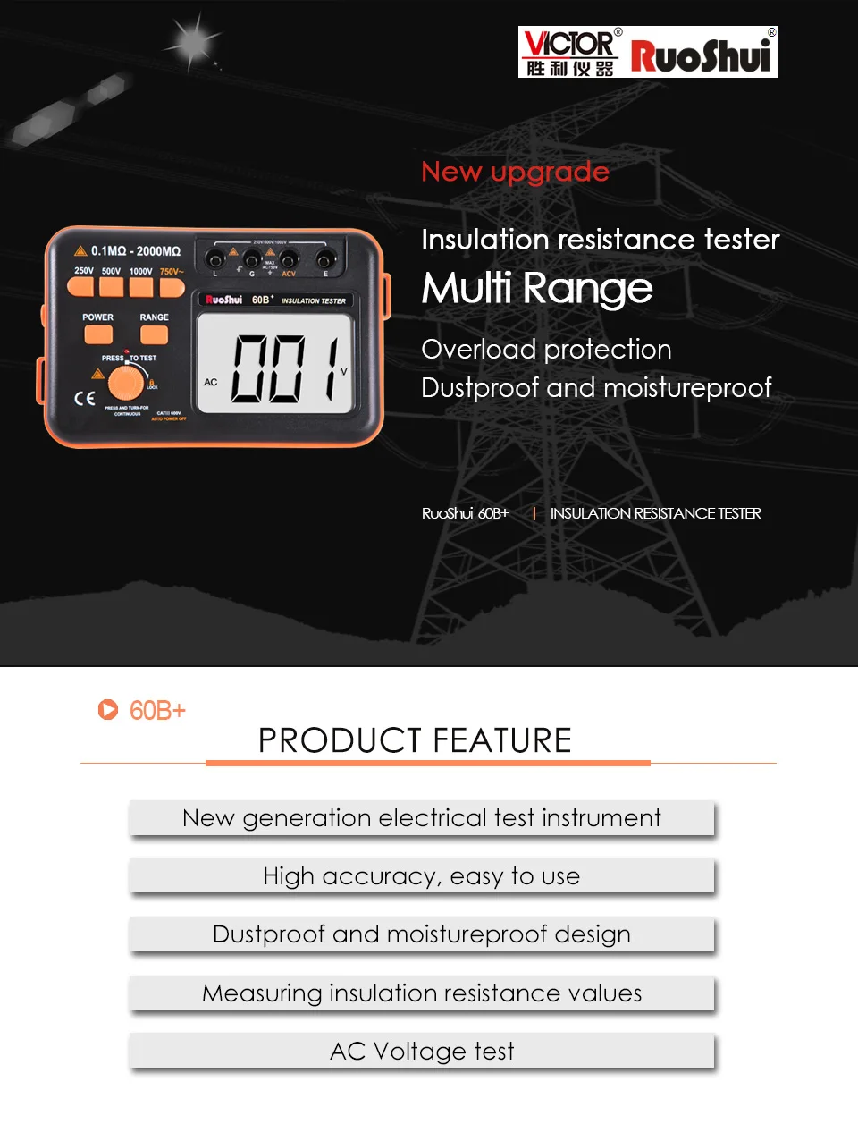 60B+ Виктор RuoShui цифровой тестер сопротивления изоляции Тестеры 250V 500V 1000V заземления earthing Мегаомметр тестер изоляции