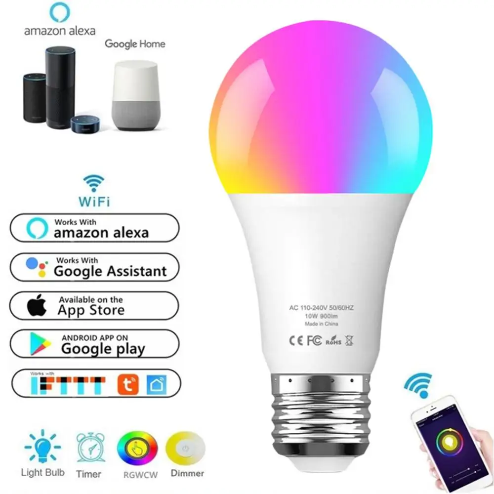 

Smart Life Home Wifi Smart LED light Bulb 10W WiFi Remote Control A19 900LM RGBW Dimmable Adjustable Color for Alexa/Google Home