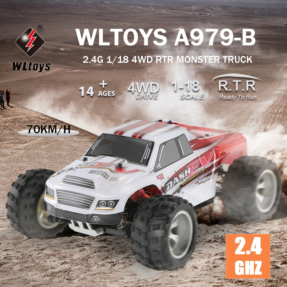 

WLtoys 1/18 RTR Racing Car A979-B 2.4GHz 4WD 70KM/h High Speed Shock Electric Big Foot Truck With Large Capacity Battery