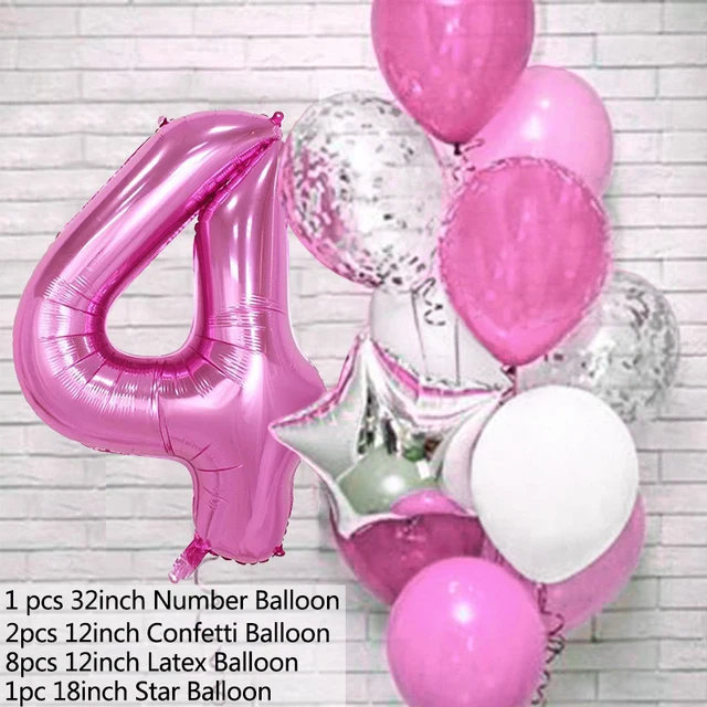 12pcs Pink Number Foil Balloon Birthday Party Decoration Latex Balloons Kids Baby Girl 1 2 3 4 5 6 7 8 9 Years Old 1st Birthday P-balloon number 4