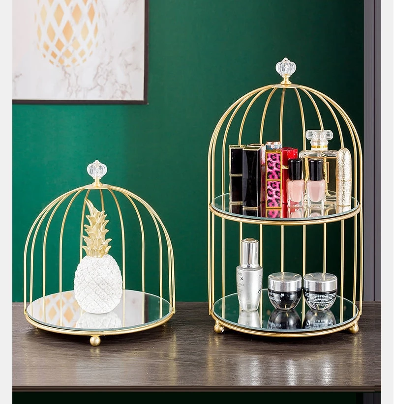 

Modern Metal Frame Lens Bottom Plate Birdcage Storage Rack Dressing Table Skin Care Products Cosmetics Storage Shelf Box Crafts