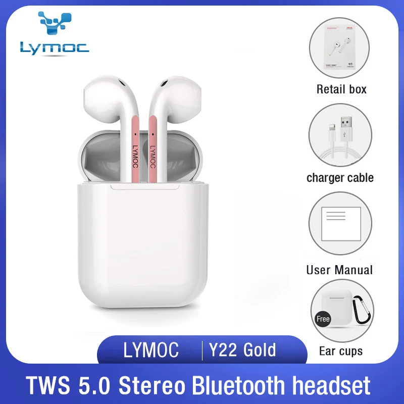 Gold retail box LYMOC Y22 Bluetooth наушники 5,0 TWS беспроводные наушники Авто парные стерео спортивные наушники с HD микрофоном умный голос для iPhone Xiaomi - Цвет: Gold retail box