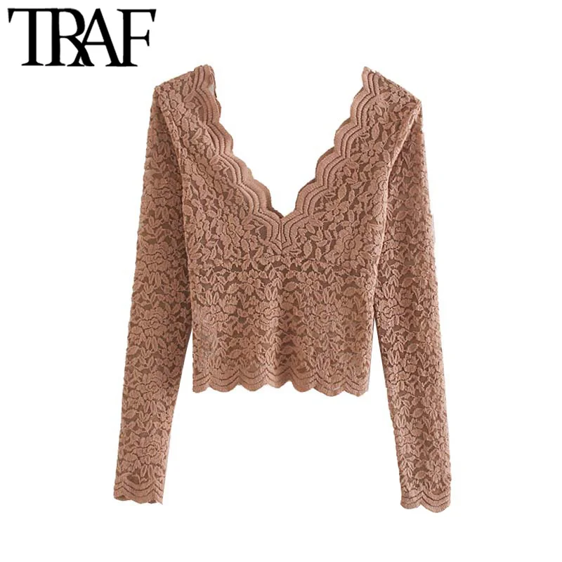  TRAF Women Vintage Sexy Deep Neck Short Style Transparent Lace Blouses Fashion Long Sleeve Stretchy