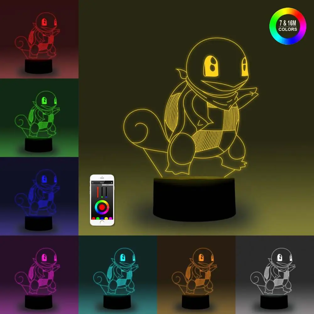 NiteApps 3D Покемон Сквиртл ночник настольная иллюзия Лампа подарок на день рождения приложение/сенсорное управление