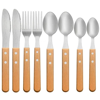 

8 Piece Stainless Steel Flatware Cutlery Wooden Silverware Kit, Kitchen Table Utensils Knives Forks and Spoons Set with Wooden H