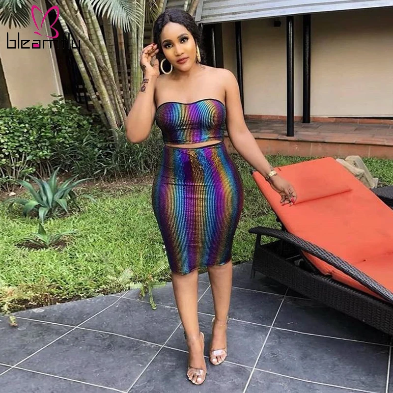 

Autumn Rainbow Stripe Gradient Print Women's Set Crop Strapless Top Midi Skirts Suit Two Piece Set Sexy Tracksuit Outfit