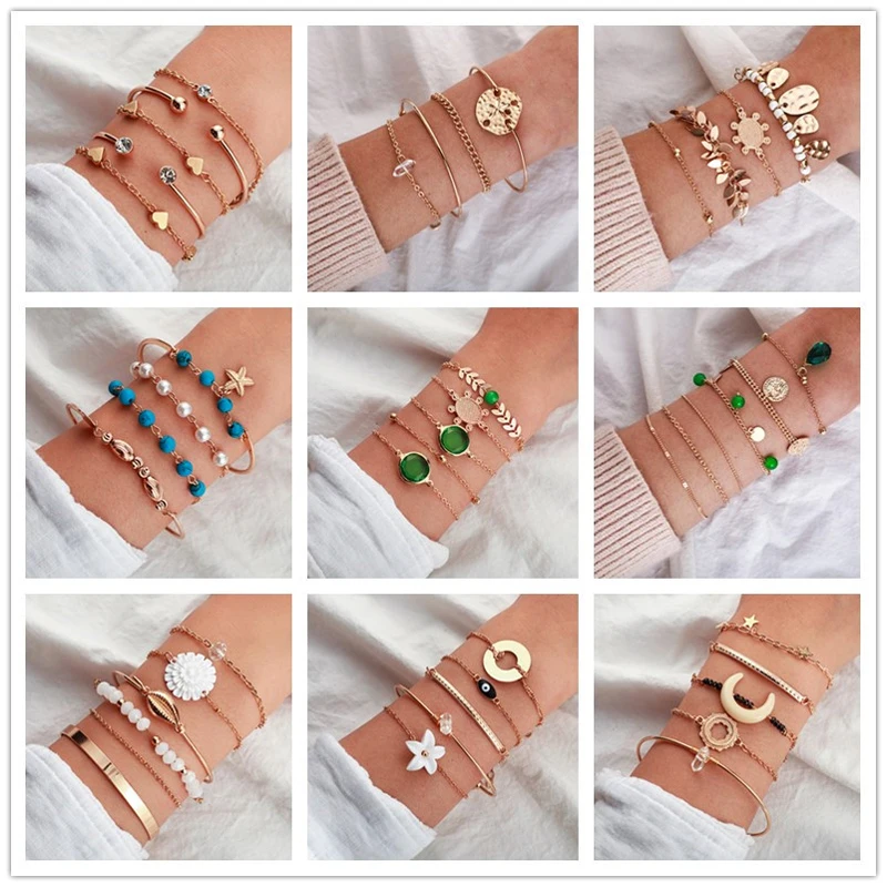 Tocona богемные красочные бусины Луна браслеты для женщин кисточкой блестящий хрустальный камень цветы лист геометрический браслет ювелирные изделия