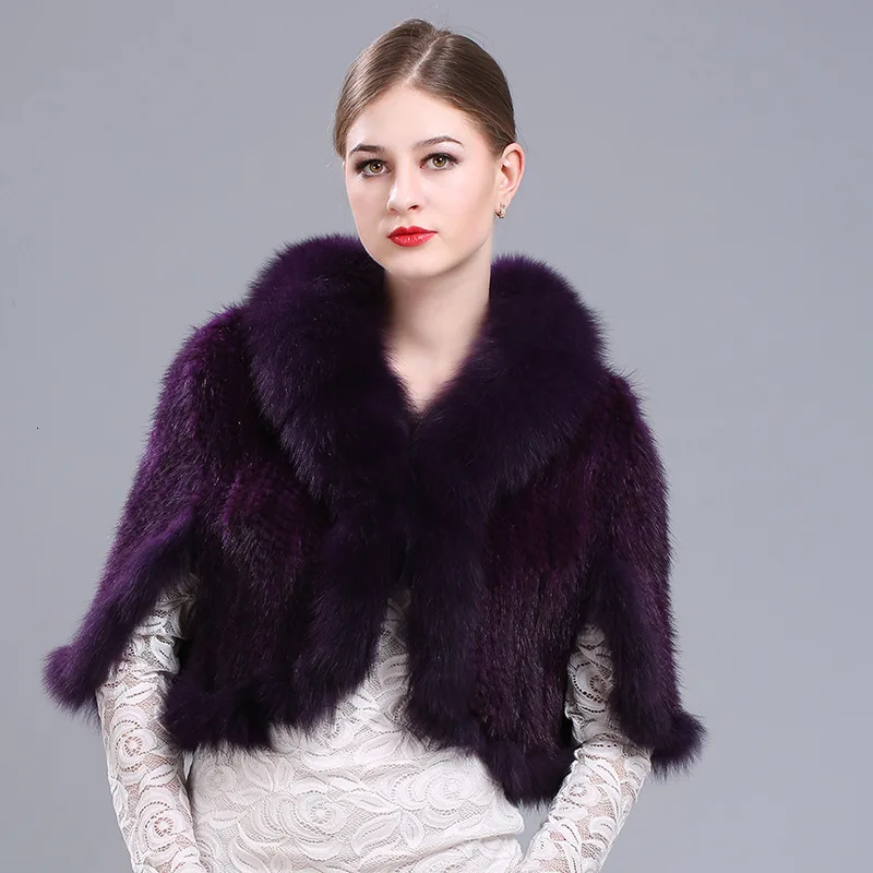 Violet Шаль-пончо из норки для женщин, Свободное пальто с мехом, короткие женские зимние пончо и накидки, шаль, зимние теплые шарфы, роскошные пашмины - Цвет: Violet