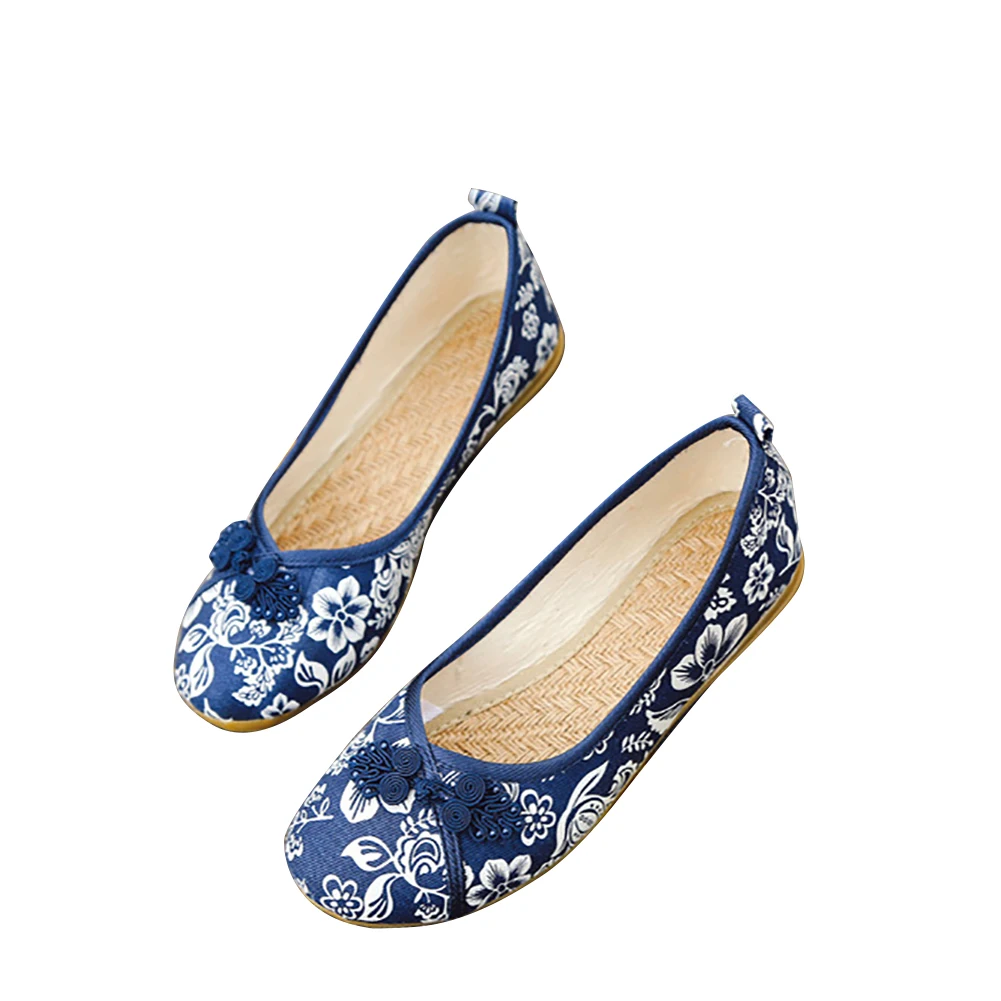 Женская Удобная Осенняя обувь на плоской подошве; Повседневная Тканевая обувь с круглым носком в винтажном стиле с цветочным принтом; дышащая обувь без застежки с ручной вышивкой - Цвет: Синий