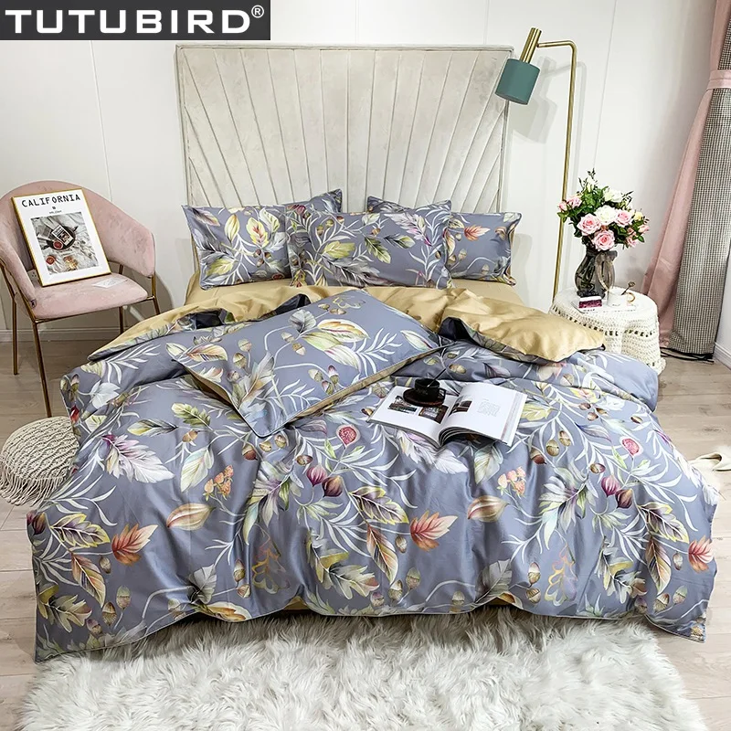 

Gray leaf print bed sheets Luxury Egyptian cotton bedclothes bed set flower princess print duvet cover pastoral bed linen cover