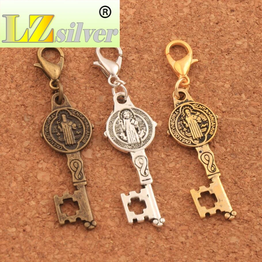 Saint Medal Cross Key Lobster Claw Clasp Charm Beads 12.5x46.5mm 100PCS zinc alloy  Bronze Jewelry DIY C1640
