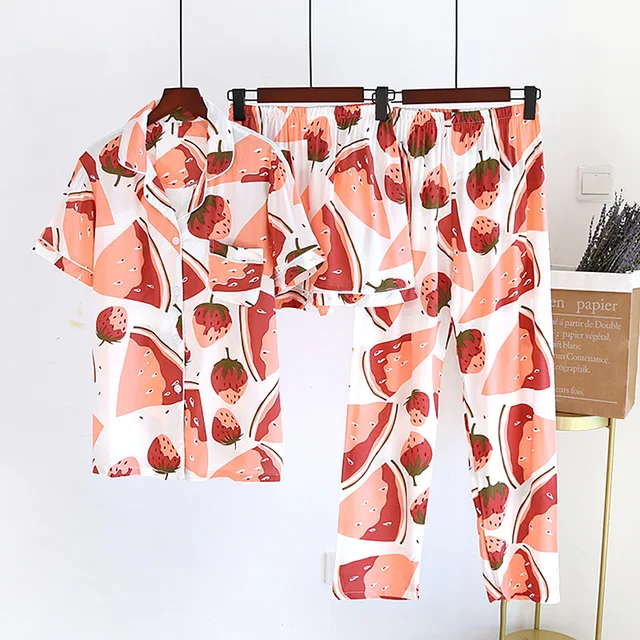 2021 New Women's Spring And Summer100%Viscose Pajamas Three-piece Short Sleeve + Shorts + Trousers Soft And Comfortable Homewear 04