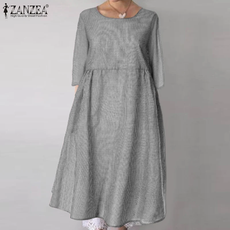 

2019 ZANZEA Women Striped Dress Plus Size Summer Half Sleeve Work Sundress Casual Long Shirt Dress Midi Vestido Robe Femme