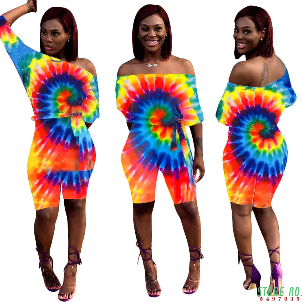 Женский сексуальный комбинезон с принтом tie dye с вырезом лодочкой, пляжные Комбинезоны для женщин, комбинезоны до колена DS3593