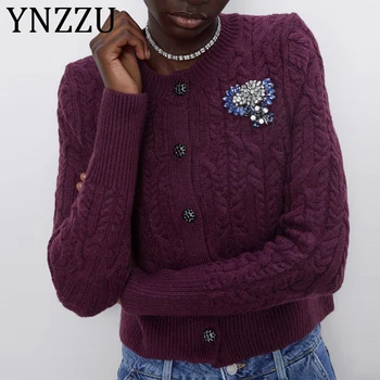 

YNZZU 2020 Spring Autumn Solid V-neck Single Breasted Wool Cardigan Sweater Women Gemstone knitted Female Cardigans Coat AT419