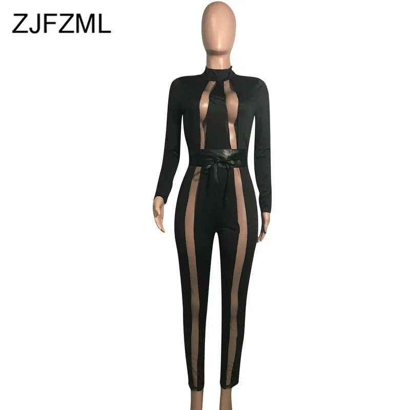 Transparent Mesh Patchwork Back Cut Out Sexy Overalls for Women Black PU Belt One Piece Jumpsuit Long Sleeve Bodycon Club Romper