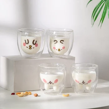 

Set of 2 cute double layer cartoon style home morning milk glass high quality transparent office water glass cups GLA-83