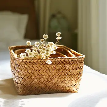 Handmade Straw Dried Flower Fruit Pot Basket Rattan Box Candy Earphone Organizer  Storage Baskets
