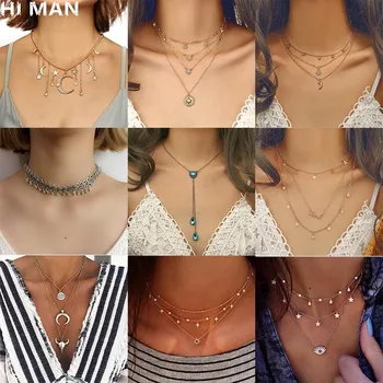 30 Styles Boho New Fashion Star Moon Multi-layer Alloy Necklace Female Charm Jewelry Tassel Necklace Set Mother Girlfriend Gift
