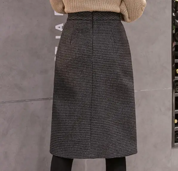 Осенне-зимняя женская шерстяная юбка с высокой талией в клетку на пуговицах, элегантная юбка карандаш, винтажная теплая Офисная Женская юбка