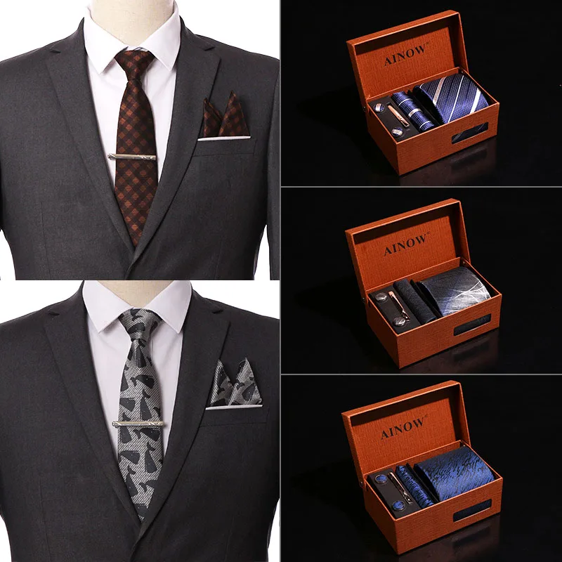  Wedding Men Neckties Gift Box Packing Luxury Men Pocket Square Jacquard Tie Tie Clip Cufflinks Hand
