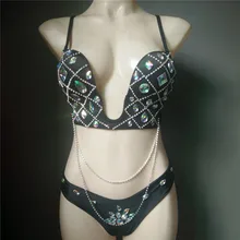 Бикини с блестящими камнями и цепочкой, топ с глубоким v-образным вырезом, бюстгальтер с пуш-ап эффектом, Топ для плавания, сексуальная женская облегающая одежда для плавания, праздничная пляжная одежда, винтажная одежда