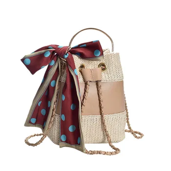 

Women'S Vintage Polka Dot Bow Weave Shoulder Bag Rattan Straw Scarf Crossbody Bag Bohemian Beach Bag